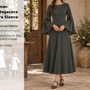 May include: A dark olive green dress with a round neckline and long, wide flare sleeves. The dress features a fitted bodice and a flowing, ankle-length skirt. Text on the image reads: Woman Cottagecore Flare Sleeve, PDF Sewing Pattern, Illustrated Step by Step Sewing instructions, Inclusive Sizing.