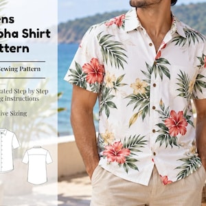 May include: A short-sleeve button-down shirt with a white base and a tropical floral pattern featuring red and yellow hibiscus flowers and green palm leaves. The image includes text: Mens Aloha Shirt Pattern, PDF Sewing Pattern, Illustrated Step by Step Sewing instructions, Inclusive Sizing, and a line drawing of the shirt front and back.