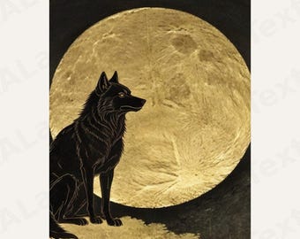 Quadro con lupo e luna dorata / Download digitale / Stampa artistica giapponese con texture a foglia d'oro