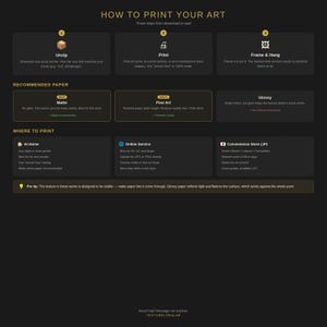 May include: An instructional infographic titled How to Print Your Art with a dark background and gold text. It outlines three steps: Unzip, Print, and Frame & Hang. It provides recommendations for paper types, printing locations, and a pro tip.
