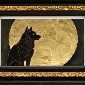 May include: A framed artwork featuring a black wolf silhouette against a large, textured gold circular background. The frame is dark wood with an ornate, embossed gold inner border, creating a high-contrast visual of a wolf and a full moon.