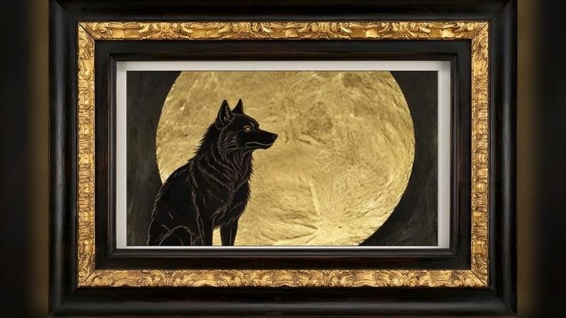 May include: A framed artwork featuring a black wolf silhouette against a large, textured gold circular background. The frame is dark wood with an ornate, embossed gold inner border, creating a high-contrast visual of a wolf and a full moon.