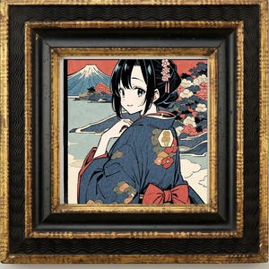 May include: A framed print featuring an anime-style character with dark hair wearing a navy blue kimono with floral patterns and a red bow. The background depicts a landscape with a mountain, clouds, and red sky, all encased in a decorative black and gold frame.