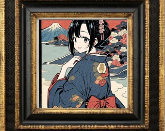 Fuji Girl in Nishiki-e — Black & Gold Frame TV Art | Digital Download | 4K