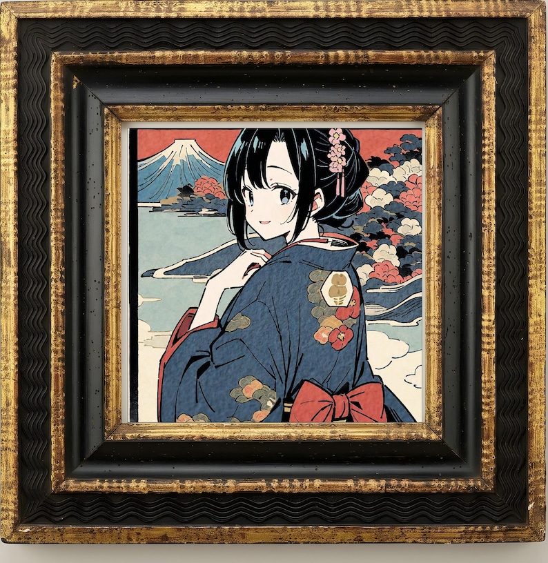 May include: A framed print featuring an anime-style character with dark hair wearing a navy blue kimono with floral patterns and a red bow. The background depicts a landscape with a mountain, clouds, and red sky, all encased in a decorative black and gold frame.