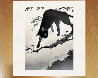 Quadro da parete con gatto nero su ramo di prugno / Download digitale con effetto incorniciato / Stampa artistica giapponese in cedro Sugi