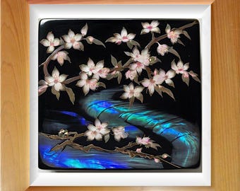 Quadro da parete con peonia in madreperla / Download digitale effetto cornice / Stampa artistica giapponese su cedro Sugi