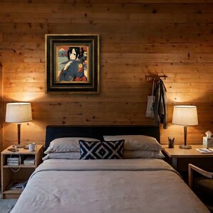 May include: A framed rectangular wall art piece featuring an anime-style illustration of a person with dark hair wearing a blue kimono, set against a landscape with a mountain. The artwork is enclosed in a thick, ornate black and gold frame.