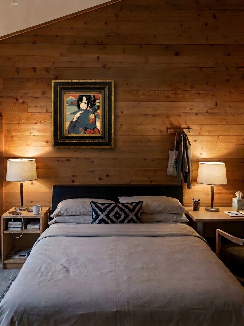 May include: A framed rectangular wall art piece featuring an anime-style illustration of a person with dark hair wearing a blue kimono, set against a landscape with a mountain. The artwork is enclosed in a thick, ornate black and gold frame.