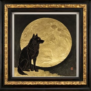 May include: A framed painting featuring a black wolf sitting in profile against a large, textured gold leaf full moon. The background is a deep black, and the artwork is enclosed in a dark wood frame with ornate gold-colored decorative trim.