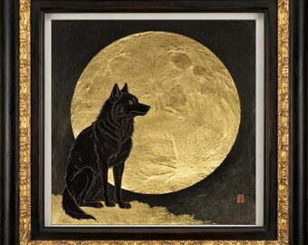 Wolf and Golden Moon — Antique Gold Frame TV Art | Digital Download | 4K