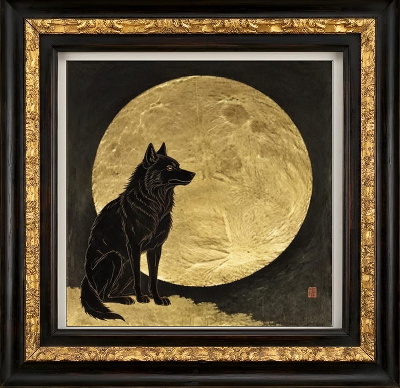 May include: A framed painting featuring a black wolf sitting in profile against a large, textured gold leaf full moon. The background is a deep black, and the artwork is enclosed in a dark wood frame with ornate gold-colored decorative trim.