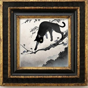 May include: A square framed artwork featuring a black cat with yellow eyes perched on a tree branch. The illustration uses a monochromatic ink wash style with subtle floral accents, set within a decorative black and gold textured wooden frame.