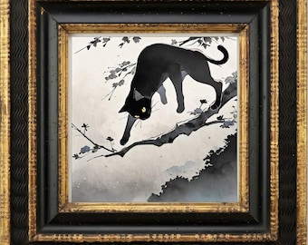 Black Cat on Plum Branch — Black & Gold Frame TV Art | Digital Download | 4K