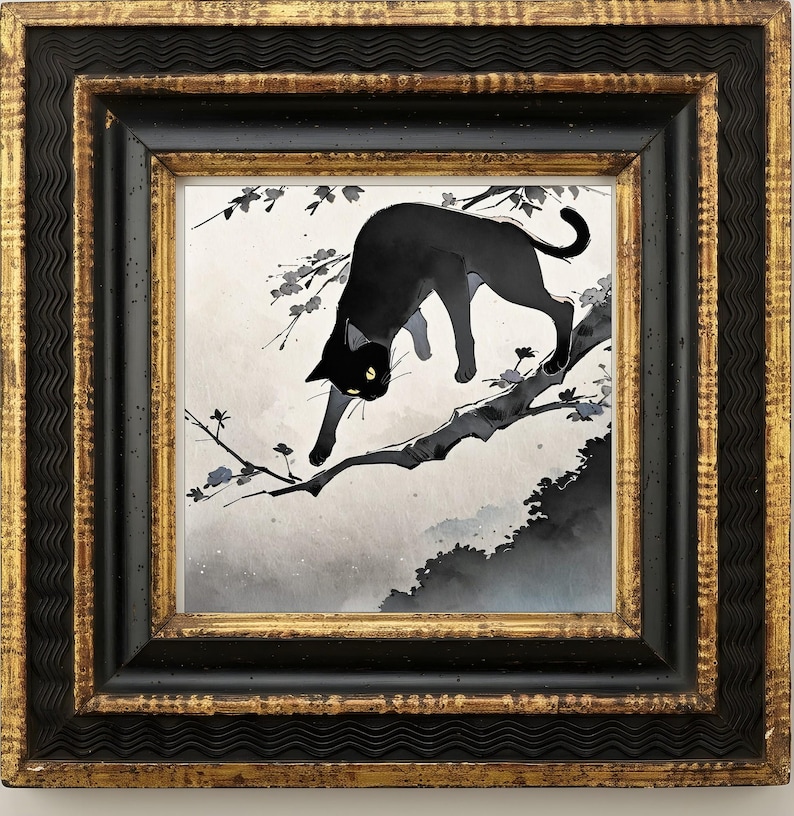 May include: A square framed artwork featuring a black cat with yellow eyes perched on a tree branch. The illustration uses a monochromatic ink wash style with subtle floral accents, set within a decorative black and gold textured wooden frame.