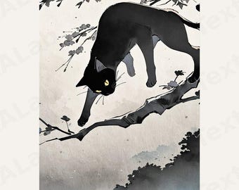 Quadro con gatto nero su ramo di prugno / Download digitale / Stampa artistica giapponese con texture a inchiostro sumi