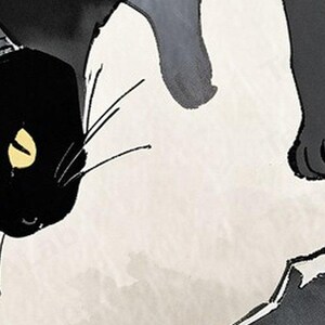 May include: A black cat illustration featuring a solid black head with a single visible yellow eye, long thin whiskers, and a portion of a black body against a light cream-colored background. The artwork uses ink-style lines and shading.
