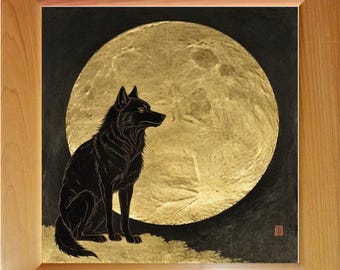 Quadro da parete Lupo e Luna Dorata / Download digitale effetto cornice / Stampa artistica giapponese Sugi Cedar