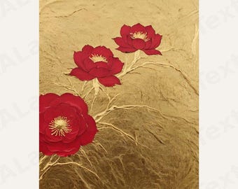 Decorazione murale con camelia in foglia d'oro / Download digitale / Stampa artistica floreale giapponese con texture