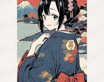 Quadro con la ragazza del Fuji in stile Nishiki-e / Download digitale / Stampa artistica giapponese con texture Ukiyo-e