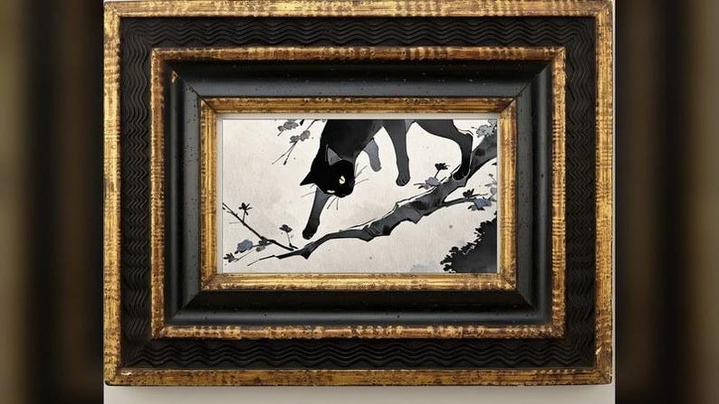 May include: A framed art print featuring a black cat walking along a tree branch with small flowers. The artwork is set within a rectangular frame that has a textured black inner border and a decorative gold outer border with wavy patterns.
