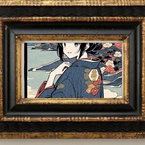 May include: A rectangular wall art piece featuring an illustration of a person in a dark blue kimono with floral patterns, set against a landscape background. The artwork is enclosed in a thick, ornate frame with a black and metallic gold finish.