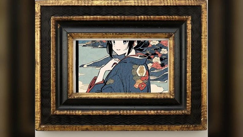 May include: A rectangular wall art piece featuring an illustration of a person in a dark blue kimono with floral patterns, set against a landscape background. The artwork is enclosed in a thick, ornate frame with a black and metallic gold finish.