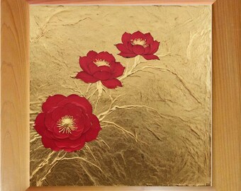 Quadro con camelia in foglia d'oro / Download digitale con effetto incorniciato / Stampa artistica giapponese in cedro Sugi