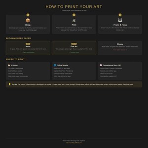 May include: An instructional infographic titled How to Print Your Art with a dark background and gold text. It outlines three steps: Unzip, Print, and Frame & Hang. It provides recommendations for paper types, printing locations, and a pro tip.