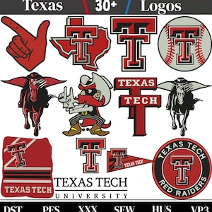 May include: A collection of Texas Tech University logos and graphics in red, black, and white. The set includes a foam finger, the state of Texas, a masked rider on a horse, a pennant, and various letter T designs with the text Texas Tech University.