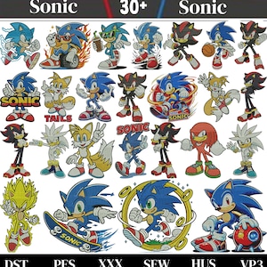 Könnte beinhalten: Eine Sammlung von über 30 digitalen Stickmustern mit Sonic the Hedgehog-Charakteren wie Sonic, Tails, Shadow, Knuckles und Silver in verschiedenen Posen, inklusive der Beschriftungen Sonic, Tails und Dateiformaten DST, PES, XXX, SEW, HUS, VP3.
