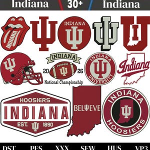 May include: A collection of Indiana University themed embroidery designs in crimson and white. The graphics include the IU trident logo, a football helmet, a football with text, the state of Indiana, and various typography featuring the words Indiana, Hoosiers, and Believe.