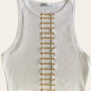 Upcycled White Chain Crop Top | Gold Eyelet Y2K Top | Size M
