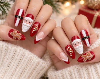 Unhas postiças artesanais de Natal com Papai Noel, design de biscoito de gengibre e bengala doce, presentes para ela nas festas de fim de ano.