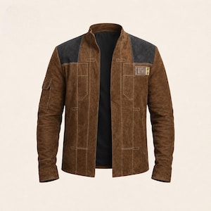 Puede incluir: Una chaqueta marrón con cuello alzado y forro interior negro. La chaqueta presenta paneles de color gris oscuro en los hombros, detalles de costuras verticales, un pequeño bolsillo con solapa en la manga derecha y un parche rectangular.