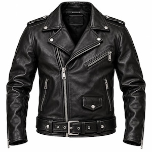 May include: A black leather motorcycle jacket featuring an asymmetrical front zipper, wide notched lapels with silver-tone snaps, three zippered pockets, a small flap pocket with a snap closure, shoulder epaulets, and a buckled waist belt.