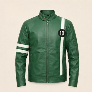 May include: A green jacket with a stand-up collar and a full-length front zipper. The jacket features two white horizontal stripes on the right sleeve and a vertical white stripe on the left chest with a black circular patch displaying the number 10.