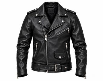 May include: A black leather motorcycle jacket featuring a wide notched collar with silver-tone snap buttons, an asymmetrical front zipper closure, multiple zippered pockets, a small flap pocket, and an adjustable waist belt with a metal buckle.