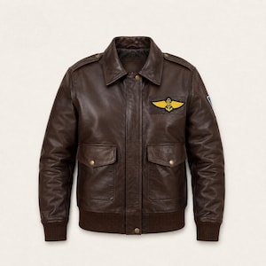 Men’s Brown Leather Aviator Bomber Jacket, Embroidered Flight Patch Coat