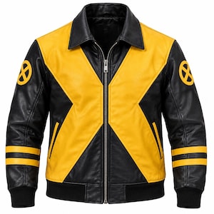 May include: A black and yellow leather jacket featuring a prominent X-shaped design across the front, a fold-down collar, a central silver zip, and two side pockets. Each sleeve displays a circular yellow X-Men logo and two horizontal yellow stripes.