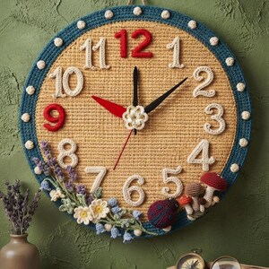Schema per orologio da parete a uncinetto con motivo giardino, tutorial fai da te per orologio floreale all'uncinetto, decorazione per la casa fatta a mano, arazzo botanico da appendere al muro, download digitale in PDF