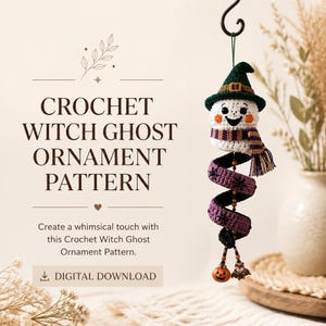 May include: A crochet witch ghost ornament featuring a white ghost head with a dark green witch hat, a purple and orange striped scarf, and a long purple spiral tail decorated with black spider motifs, small wooden beads, and two small charms.