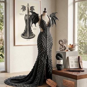 Puede incluir: Un vestido largo de ganchillo negro con un patrón de escamas texturizado, un escote en V profundo y alas de dragón adjuntas. El vestido incluye una larga cola, una abertura lateral y una etiqueta que dice HAND-CROCHETED. Ovillo de lana y herramientas.