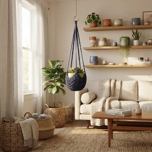 May include: A dark blue macrame plant hanger suspended from a gold hook, holding a green potted plant. The hanger features a woven cord design with a rounded base, providing a secure cradle for the plant container within a bright living space.