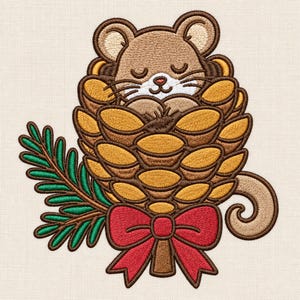 May include: An embroidery design featuring a small brown mouse with closed eyes nestled inside a large golden-brown pinecone. A green pine branch extends to the left, and a bright red bow is tied at the base of the pinecone structure.