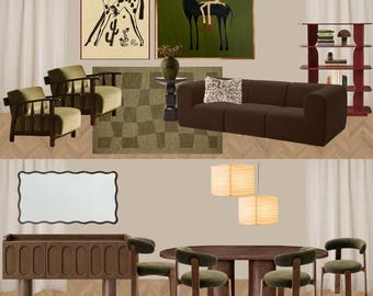 May include: A furniture collection featuring two olive green armchairs, a brown sofa with a patterned pillow, a dark red shelving unit, a wooden sideboard, a dining table with four olive green chairs, two wall art prints, and a wavy mirror.