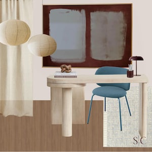 May include: A light wood desk with a curved top and cylindrical legs, paired with a blue upholstered chair. On the desk sits a stack of books, a brown knot sculpture, and a dark brown pencil holder. A large abstract painting hangs above.