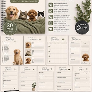 Może przedstawiać: 20-stronicowy planer Pet & House Sitter Welcome Book do druku. Okładka przedstawia golden retrievera, kota pręgowanego, pudla i kota typu tuxedo na zielonym kocu. Zawiera strony dotyczące opieki nad zwierzętami, informacji o domu i kontaktów.