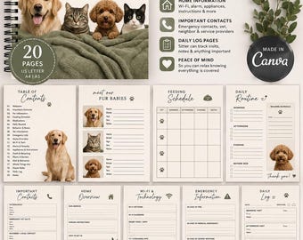 Op de afbeelding: Een 20-pagina tellend Pet & House Sitter Welcome Book als printbare planner-template. De cover toont een golden retriever, een cyperse kat, een poedel en een tuxedo-kat op een groene deken. Bevat pagina's voor dierverzorging en contactgegevens.