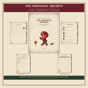 May include: A digital reading journal titled The Midnight Archive featuring a red oni character reading a book, a lantern, and a scroll. The set includes pages for book reviews, reading stamps, contents, and a card catalog log with hyperlinked tabs.